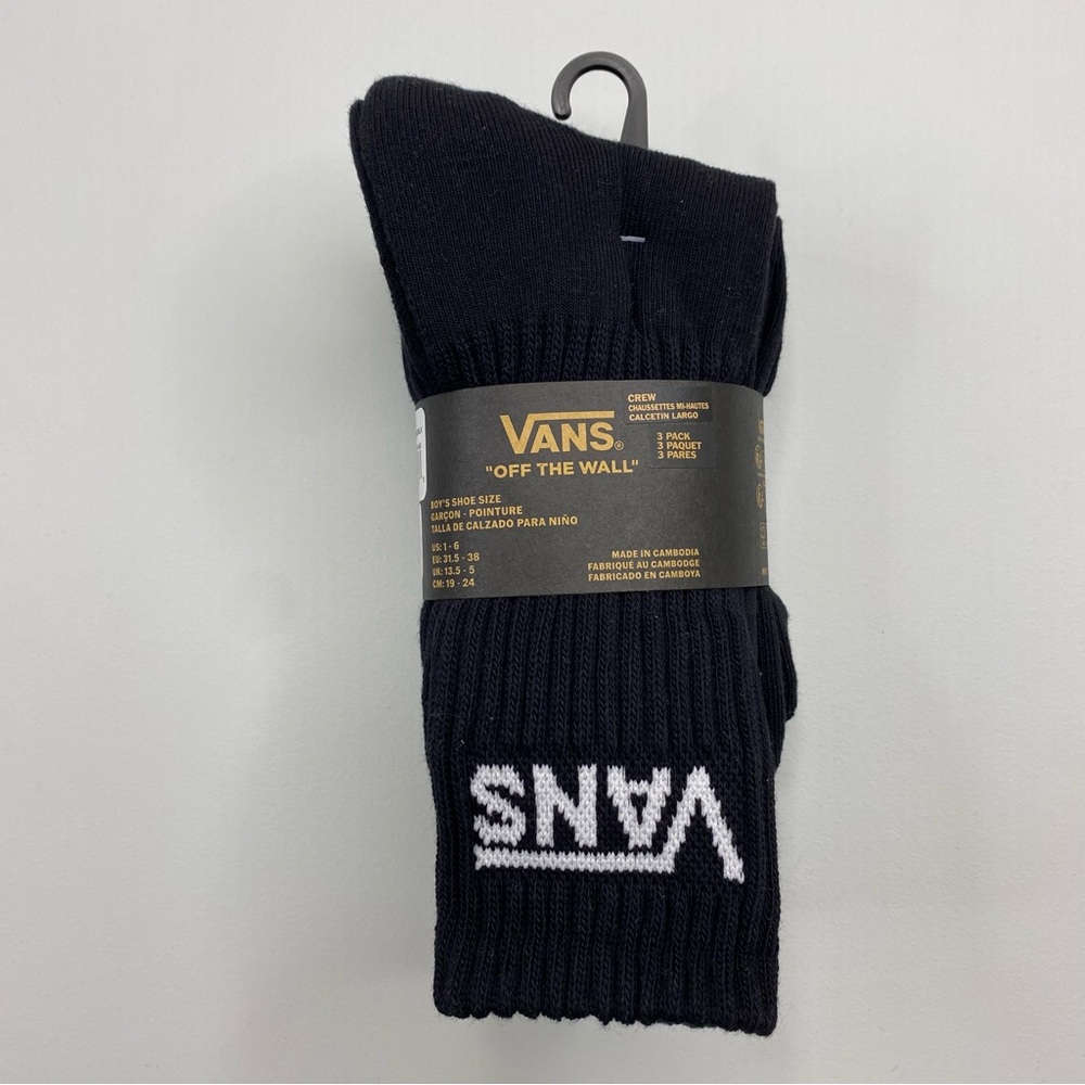Vans Socks Boys Size 1-6 Black White 3 pack Crew Socks Cotton Blend